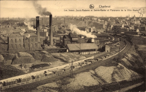 Postcard Charleroi Wallonia Hainaut, industrial plants, panorama of the city, chimneys, trains