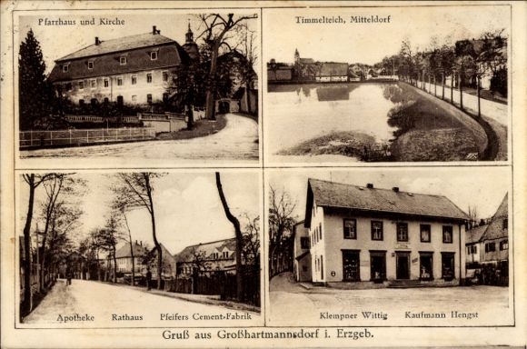 Ak Großhartmannsdorf in het Erzgebirge, pastorie, kerk, Timmelteich, apotheek, stadhuis