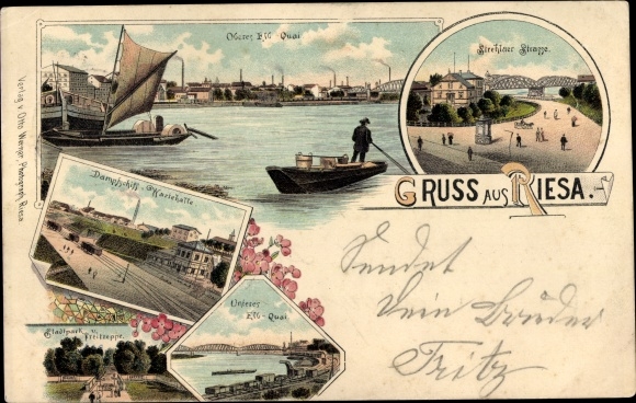 Litho Riesa an der Elbe Sachsen, Oberes Elbquai, Strehlaer Straße, Dampfschiff Wartehalle, Stadtpark