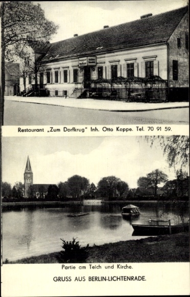 Postcard Berlin Tempelhof Lichtenrade, Restaurant Zum Dorfkrug, pond, church