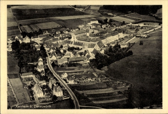 Postcard Kaisheim in Swabia Bavaria, aerial view of Kaisheim, large buildings, fields, streets