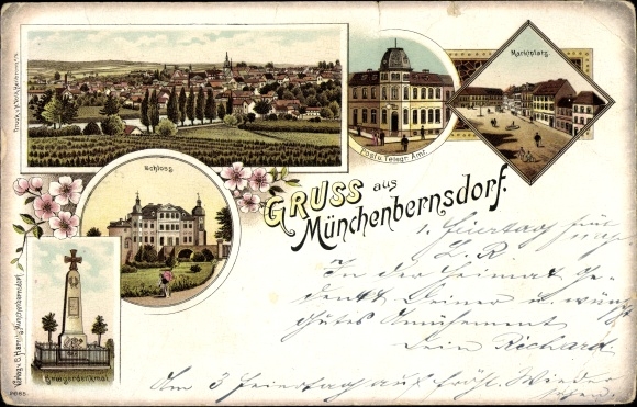 Chromo-Litho Munich Bernsdorf in Thuringia, market square, post office, castle, war memorial, total view