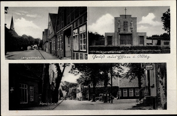 Ak Essen in Oldenburg, oorlogsmonument, marktplein, Langestraße, kapper