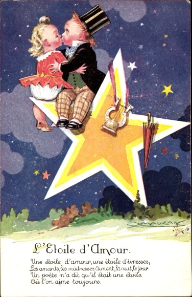 Artist Postcard Mauzan, lovers kiss on a star