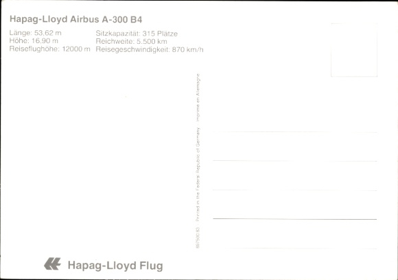 Postcard passenger aircraft of Hapag Lloyd, Airbus A 300 B 4