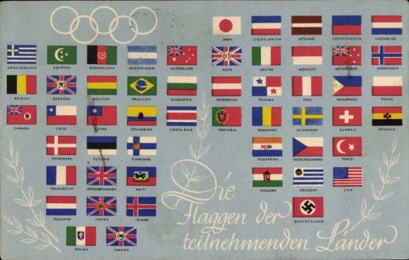 Postcard Olympia Berlin 1936, flags of the participating countries