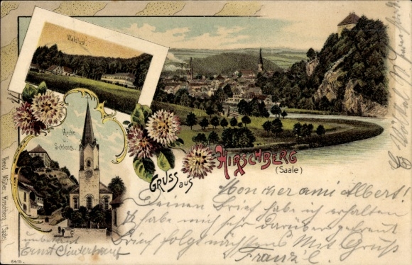 Chromo-Litho Hirschberg an der Saale, general view, Waldlust, church, castle