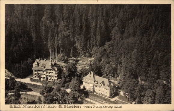 Postcard St. Blasien in the Black Forest, aerial photograph, municipal hospital