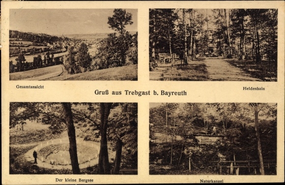 Ak Trebgast in Hoger Franken Beieren, Heldenhain, het kleine bergmeer, natuurlijke preekstoel, algemeen beeld
