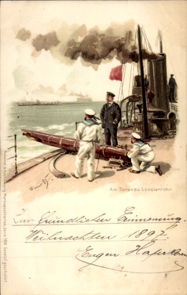Künstler Litho Bohrdt, Hans, Am Torpedo Lancierrohr, Deutsche Seeleute, Kriegsschiff