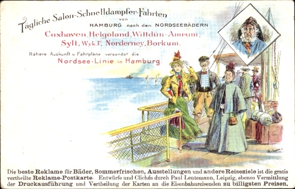 Chromo-Litho Hamburg Mitte Old Town, Hansahafen, saloon express steamer rides, sailor