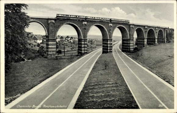 Ak Borna Heinersdorf Chemnitz in Sachsen, Reichsautobahn, Eisenbahnbrücke