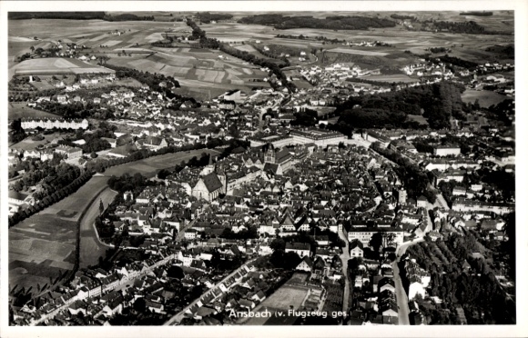Postcard Ansbach in Middle Franconia Bavaria, aerial view of cityscape, black and white photography