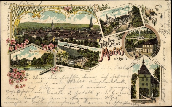 Chromo-Litho Moers am Niederrhein, moat, Steintor bridge, hotel, castle