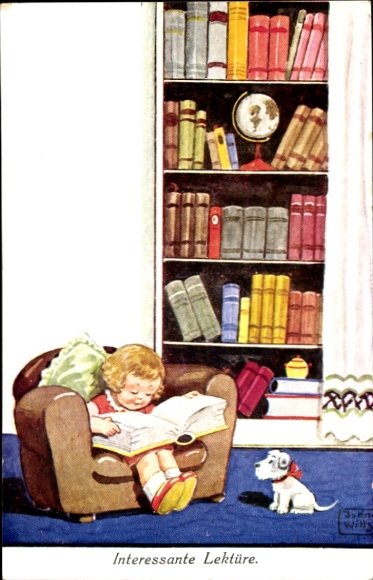 Artist Postcard Wills, John, girl in armchair, thick book, dog