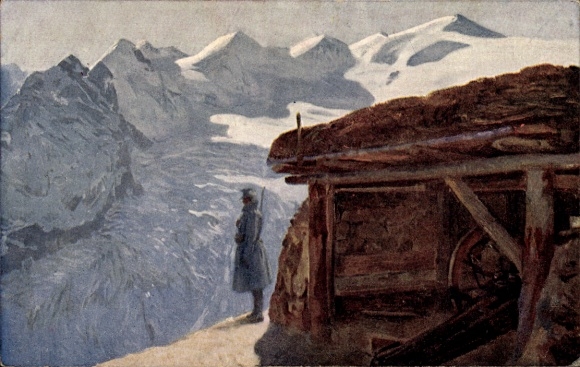 Künstler Ak Schuster, Karl, Kuk Armee im Alpenkrieg, Artilleriestellung am Stilfserjoch