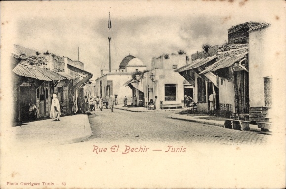 Ak Tunis Tunesien, Rue El Bechir, Straßenpartie mit Hausansichten