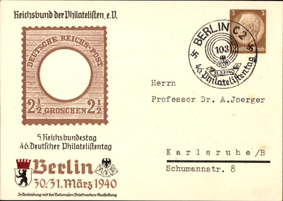 Postkaart Berlijn, Reichsbund der Philatelisten, 46e Duitse Filatelistendag, 30-31 maart 1940