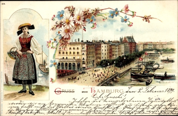Chromo-Litho Hamburg Mitte Old Town, Vierländer traditional costume, Alster party