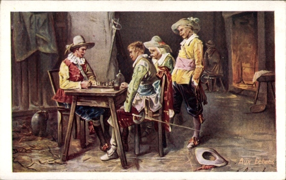 Artist Postcard Men playing chess, historical costumes, advertising chocolate Lucerna, Hochdorf