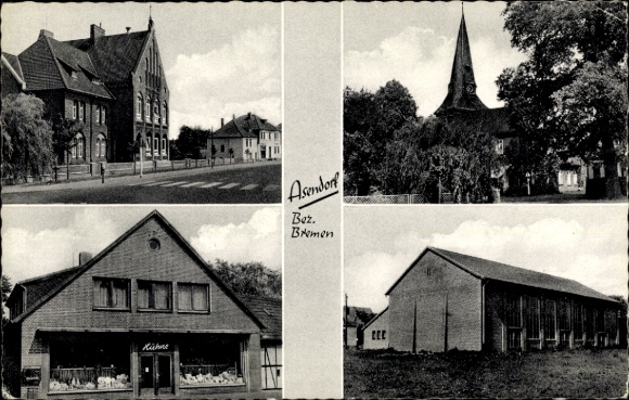 Postcard Asendorf Diepholz district, partial views, church, commercial building