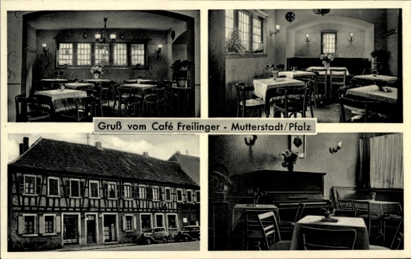 Postcard Mutterstadt in der Pfalz, Café Freilinger, inside and outside