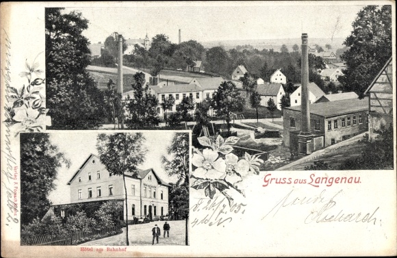 Postcard Langenau Brand Erbisdorf in the district of Central Saxony, total view, hotel at the train station