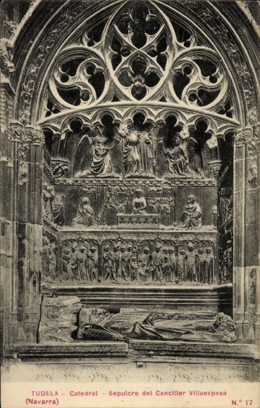 Postcard Tudela Navarra, Cathedral, Sepulcro del Canciller Villaespesa, detailed view, representation