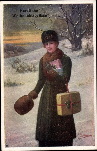 Künstler Ak Süß, Josef, Glückwunsch zu Weihnachten, Frau mit Hut und Geschenken im Schnee