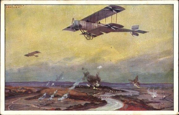 Artist PC Schulze, Hans Rudolf, military biplane on reconnaissance flight on the Marne, I. WW