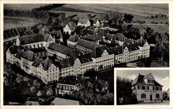 Postcard Salem in the Bodenseekreis Baden, aerial view of a large building complex, Gasthaus Café Jehle,