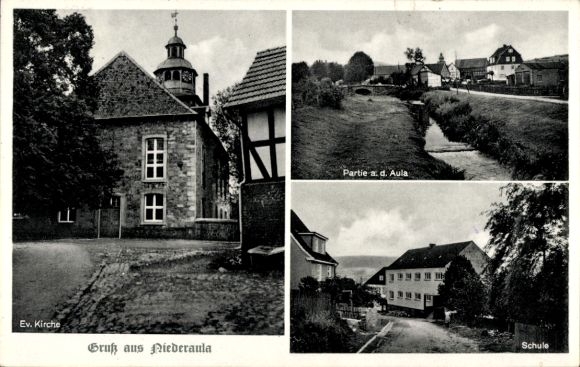 Ak Niederaula a.d. Fulda, Schule, ev. Kirche, an der Aula
