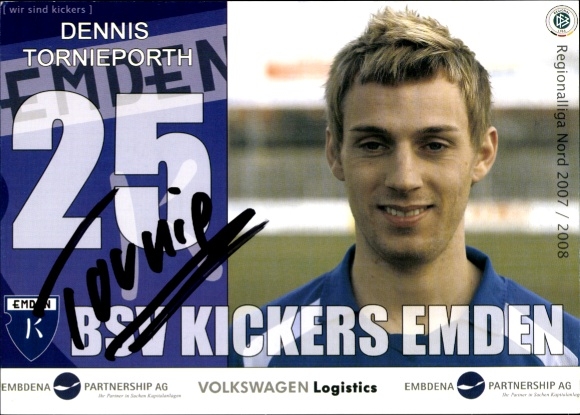 Karta autografu piłkarza Dennisa Tornieportha, BSV Kickers Emden, autograf