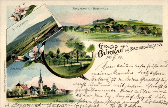 Chromo-Litho Burkau in Saxony, Panorama, Forsthaus, Butterberg, Old School and Church, New School