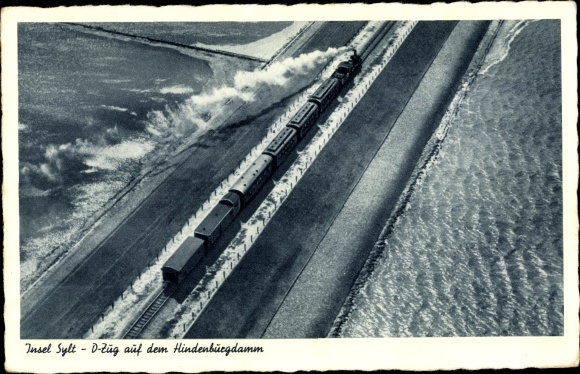 Postcard Island Sylt in North Frisia, D-train on the Hindenburgdamm, railway, aerial photo