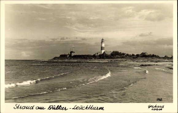 Ak Ostseebad Strande in Sleeswijk-Holstein, vuurtoren van Bülk, strand
