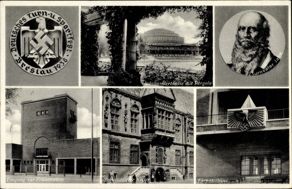 Postcard Wrocław Breslau Silesia, German Gymnastics and Sports Festival 1938, Centennial Hall, Friesenwiese