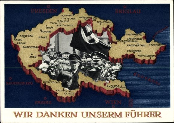 Postal stationery Postcard We thank our leader, Sudetenland, Bohemia, Moravia, Hitler