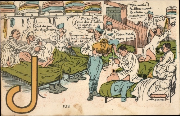 Letters Postcard J, Jus, French soldiers in the bedroom