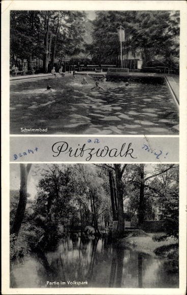 Postcard Pritzwalk in the Prignitz, swimming pool, part of the Volkspark, landscape, water tank