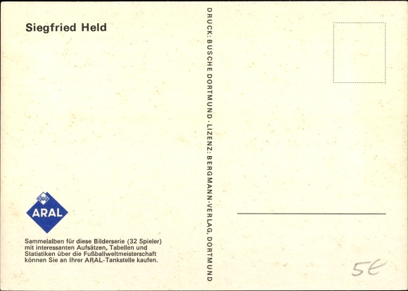 Postcard soccer player Siegfried Held with soccer ball, Borussia Dortmund, Aral collection picture