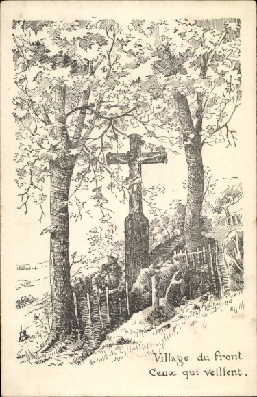 Artist Postcard French soldiers, Jesus cross, soldiers graves