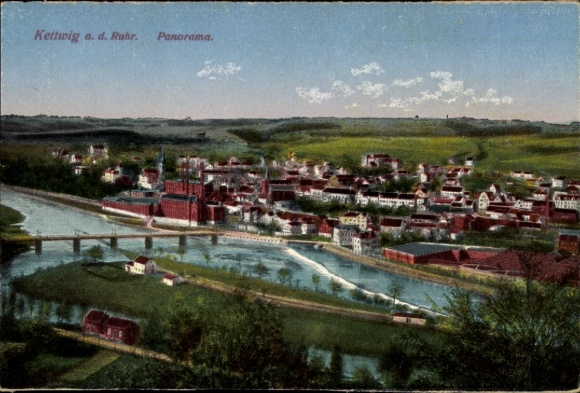 Ak Kettwig Essen im Ruhrgebiet, Panoramablick auf Kettwig, Fluss und Landschaft