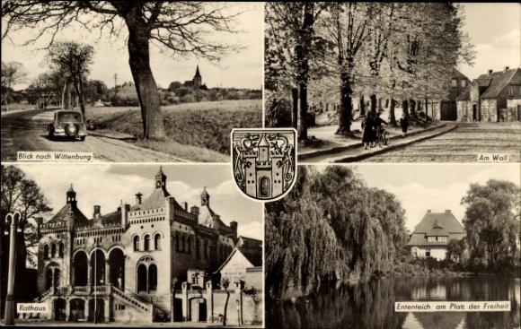 PC Wittenburg in Mecklenburg, town hall, duck pond, rampart, coat of arms