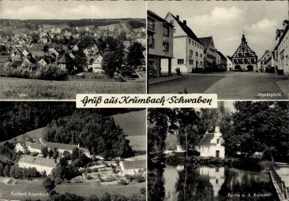 Postcard Krumbach in Swabia, Krumbad, Four Views: Valley, Market Square, Spa, Partie ad Kommel