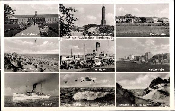 Ak Nordseebad Norderney Ostfriesland, vuurtoren, Marienstraße, Kaiserstraße, Friesland 1, Kurhaus