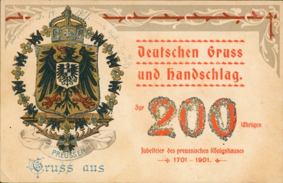 Glitter coat of arms Postcard Royal House of Prussia, 200th anniversary celebration 1901, handshake