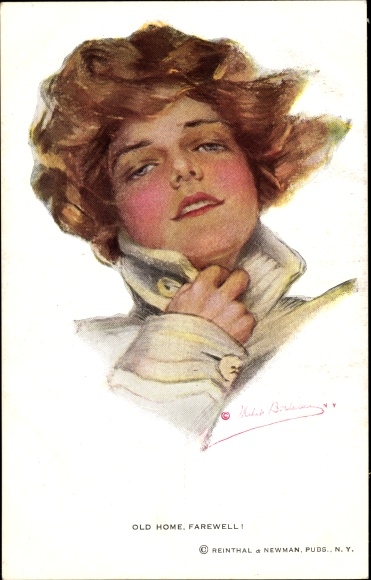 Kunstenaarskaart Boileau, Philip, afscheid, portret van een vrouw, jaskraag