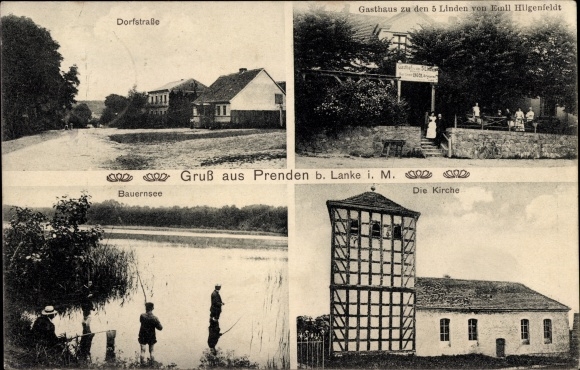 Postcard Prenden Wandlitz im Barnim, church, inn to the 5 lime trees, farmer&#39;s lake, anglers