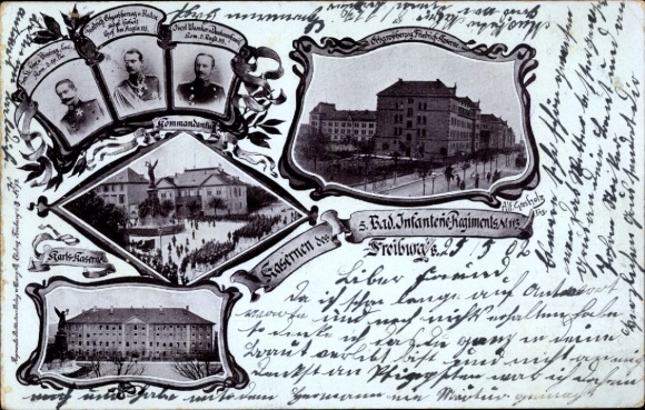 Ansichtkaart Freiburg Breisgau, 5e Slecht. Infanterieregiment nr. 113, erfgroothertog Friedrich en Karls-kazerne